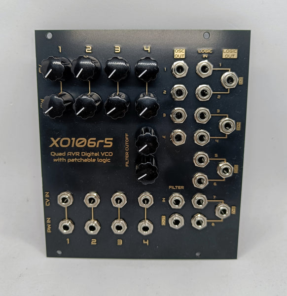 XO106r5: Quad square-wave drone module with patchable logic and filter - BLACK version (22HP)